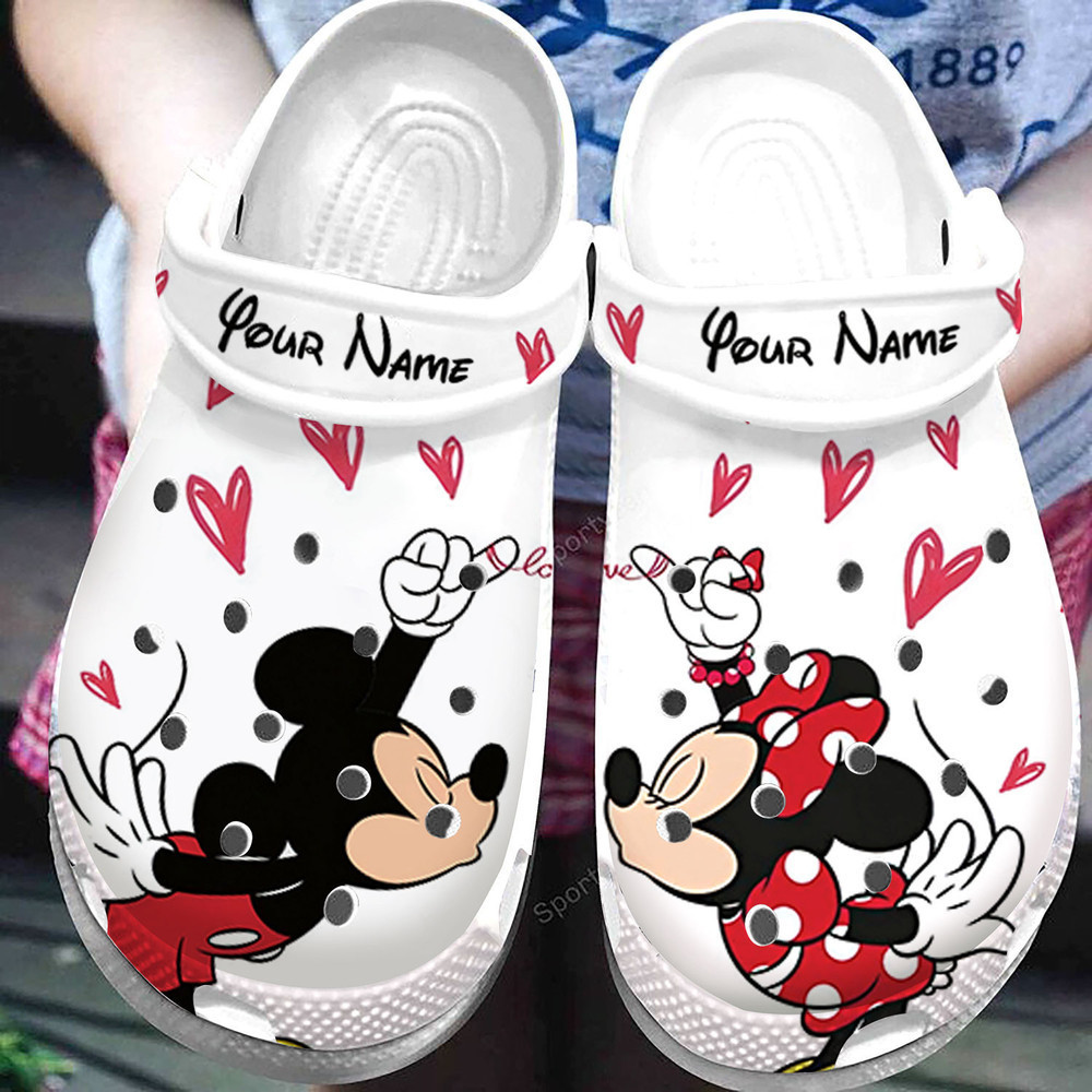 Footwearmerch Custom Name Mickey Minnie So Cute Love Couple White Clogs Shoes – Footwearmerch