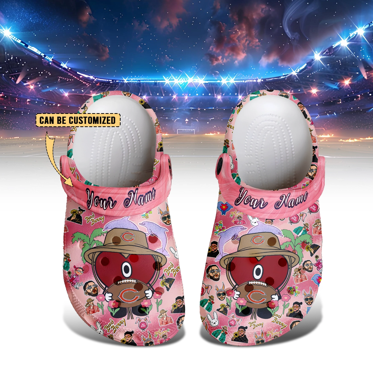 Footwearmerch Chicago Bears x Bad Bunny Crocs Crocband Clogs Shoes Comfortable For Men Women and Kids