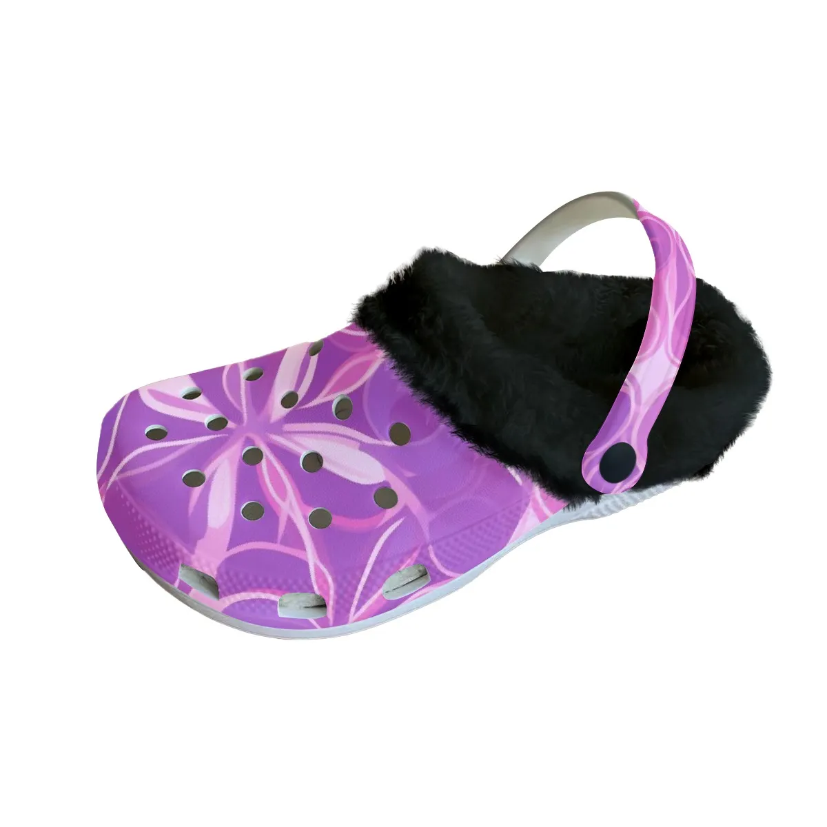 Footwearmerch Beautiful Purple Bloom Crocs Crocband Fleece Lined Clogs Shoes Comfortable For Men Women and Kids In Winter
