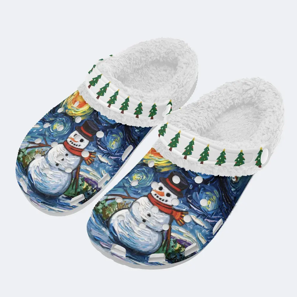 Footwearmerch Beautiful Snowman The Starry Night Christmas Crocs Crocband Fleece Lined Clogs Shoes Comfortable For Men Women and Kids In Winter