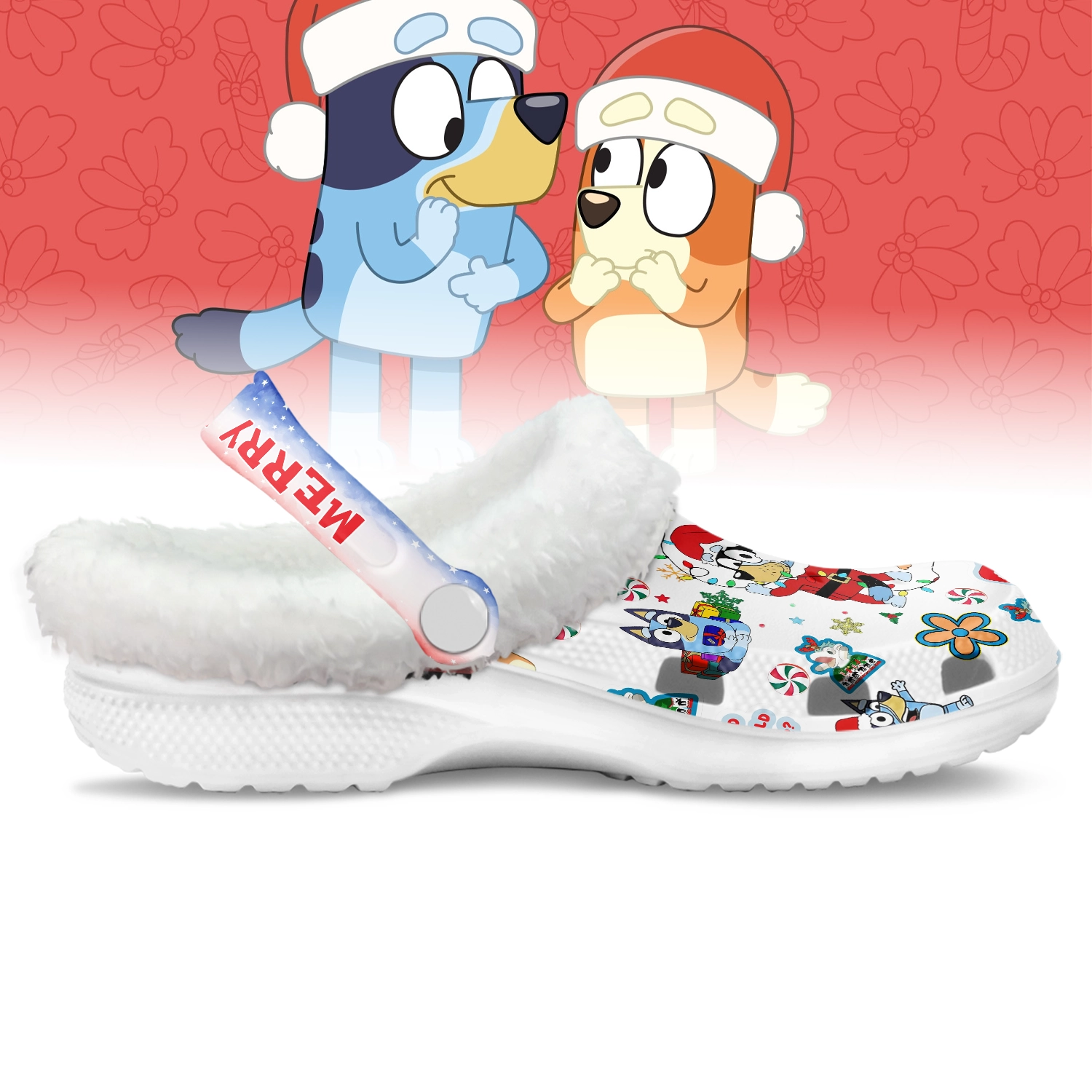 Footwearmerch Bluey x Christmas Crocs Crocband Fleece Lined Clogs Shoes Comfortable For Men Women and Kids In Winter