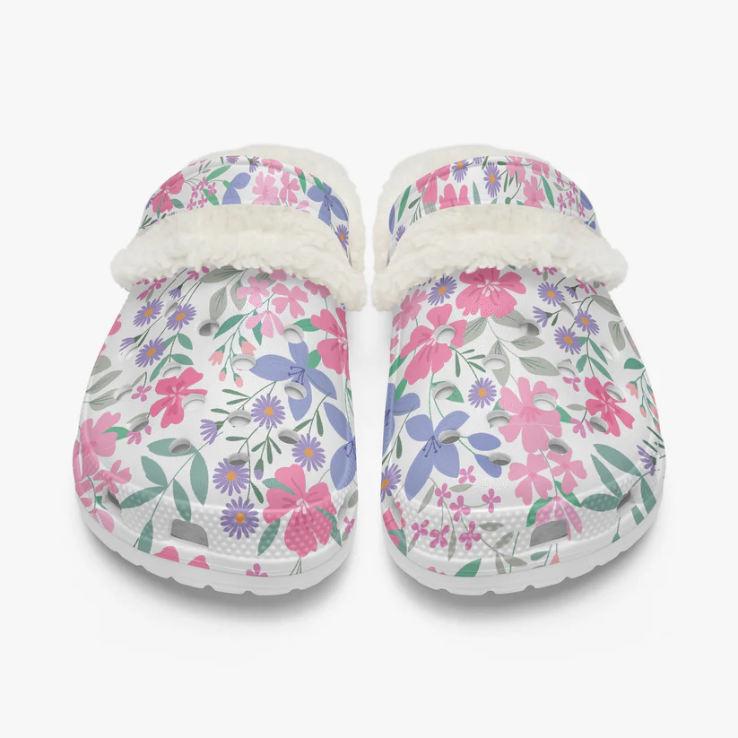 Footwearmerch Colorful Floral Crocs Crocband Fleece Lined Clogs Shoes Comfortable For Men Women and Kids In Winter