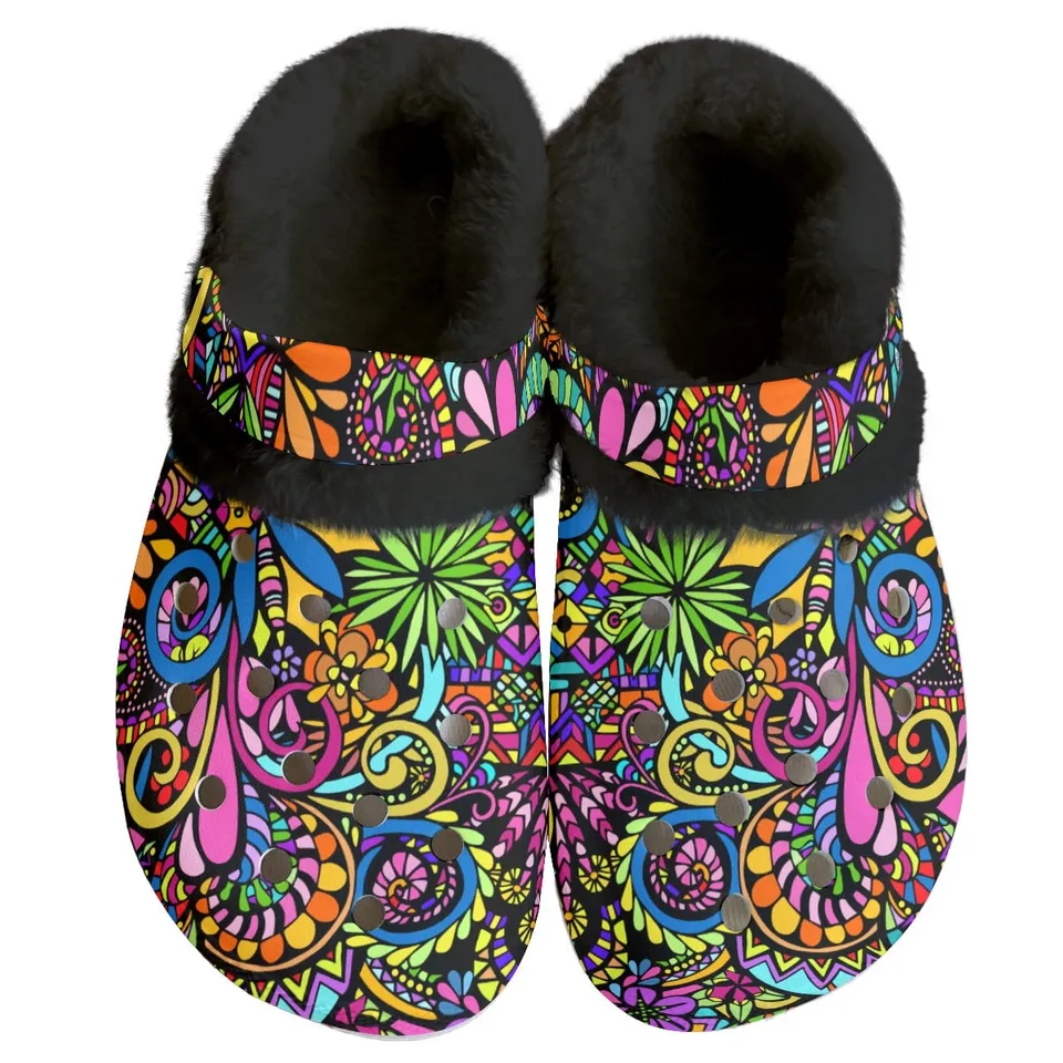Footwearmerch Colorful Floral Crocs Crocband Fleece Lined Clogs Shoes Comfortable For Men Women and Kids In Winter
