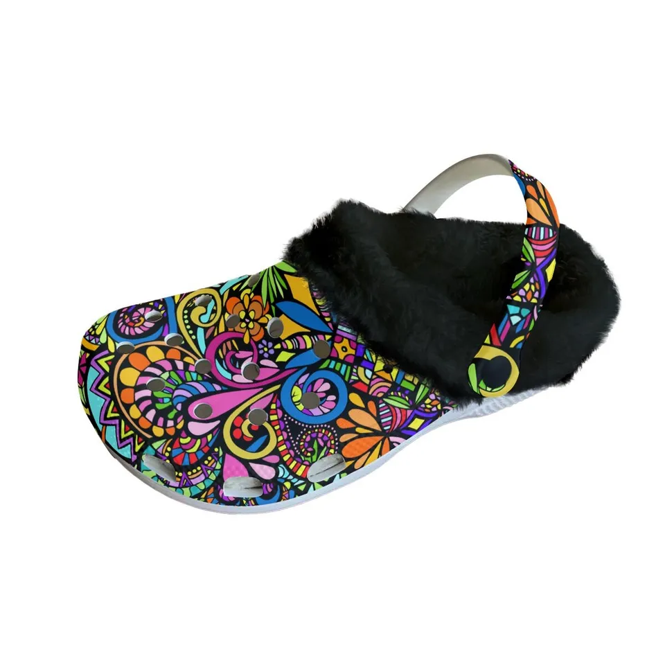 Footwearmerch Colorful Floral Crocs Crocband Fleece Lined Clogs Shoes Comfortable For Men Women and Kids In Winter