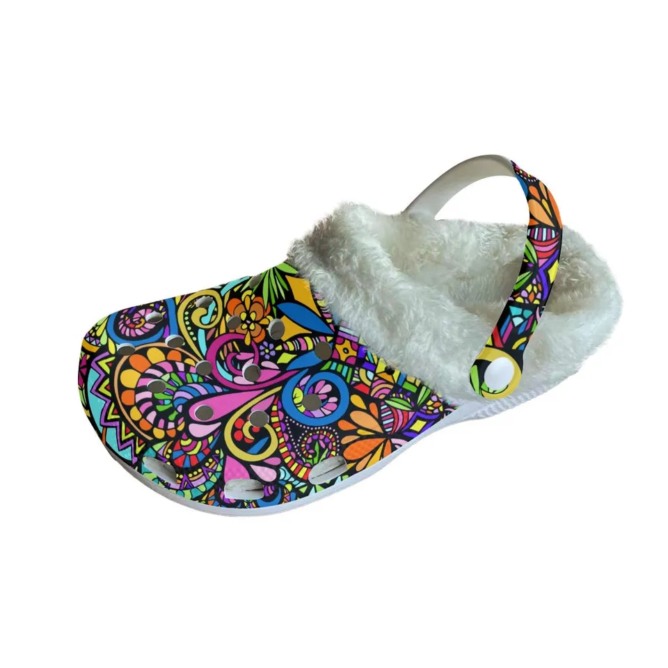 Footwearmerch Colorful Floral Crocs Crocband Fleece Lined Clogs Shoes Comfortable For Men Women and Kids In Winter