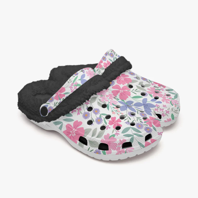 Footwearmerch Colorful Floral Crocs Crocband Fleece Lined Clogs Shoes Comfortable For Men Women and Kids In Winter