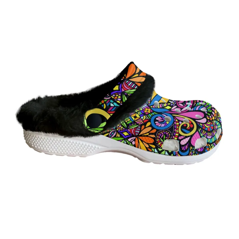 Footwearmerch Colorful Floral Crocs Crocband Fleece Lined Clogs Shoes Comfortable For Men Women and Kids In Winter