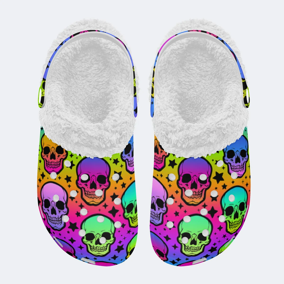Footwearmerch Colorful Hologram Shining Skull Crocs Crocband Fleece Lined Clogs Shoes Comfortable For Men Women and Kids In Winter