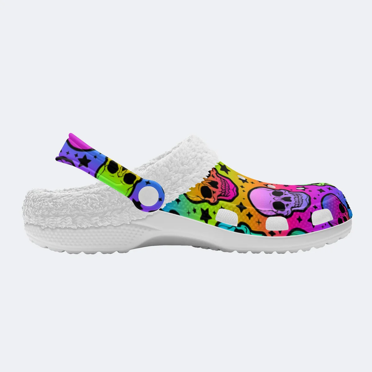 Footwearmerch Colorful Hologram Shining Skull Crocs Crocband Fleece Lined Clogs Shoes Comfortable For Men Women and Kids In Winter