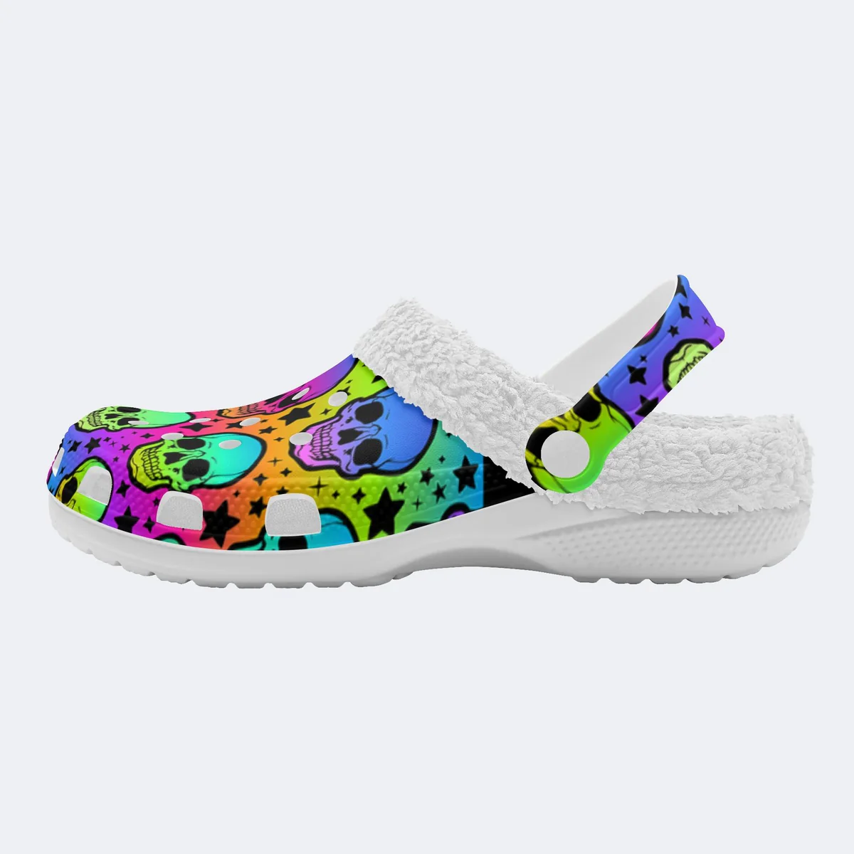 Footwearmerch Colorful Hologram Shining Skull Crocs Crocband Fleece Lined Clogs Shoes Comfortable For Men Women and Kids In Winter