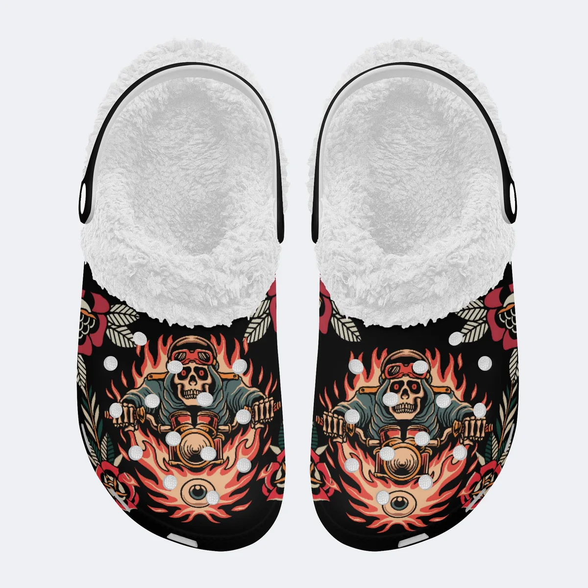 Footwearmerch Cool Burning Passion Motor Biker Fuzzy Crocs Crocband Fleece Lined Clogs Shoes Comfortable For Men Women and Kids In Winter