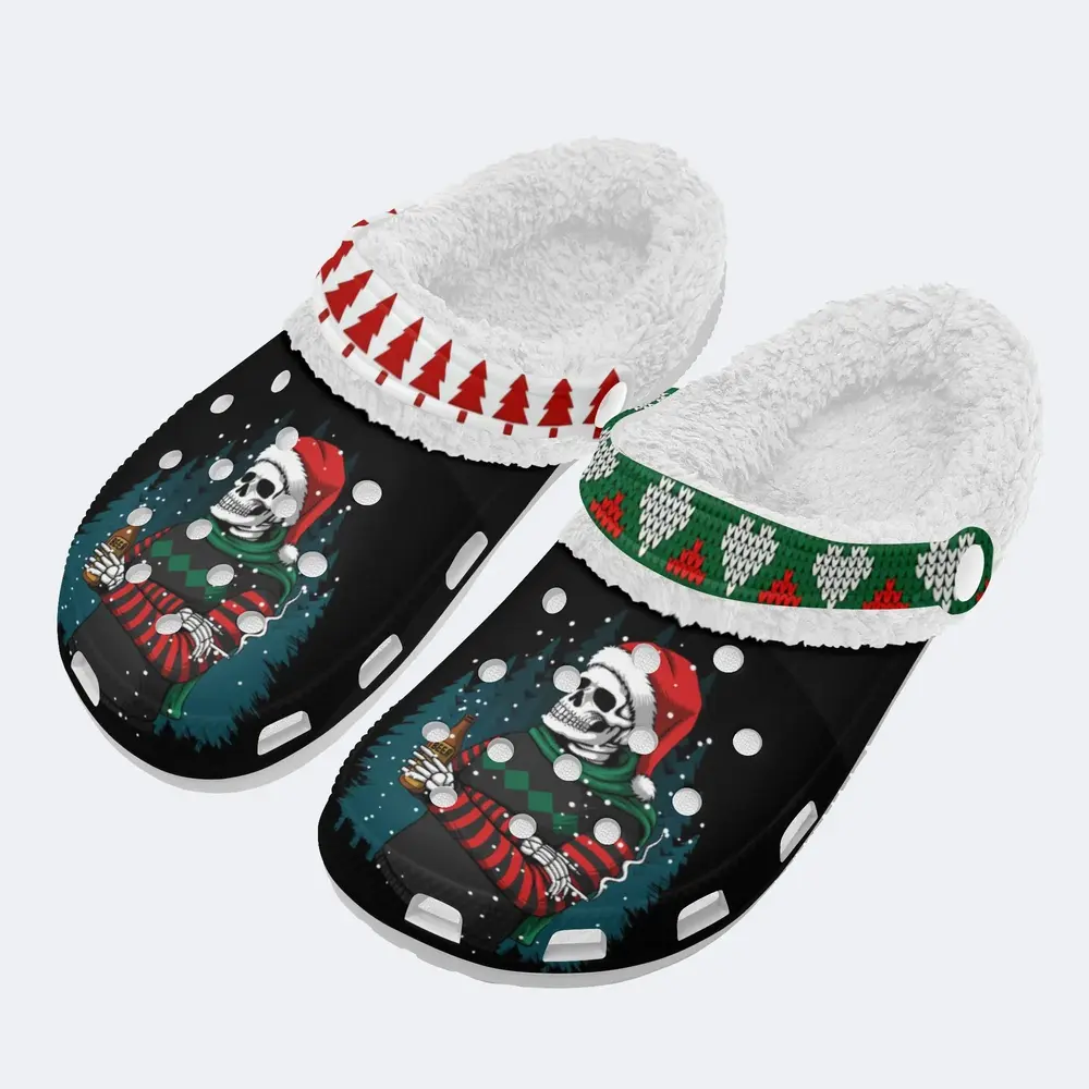 Footwearmerch Cool Skeleton Vibing Holiday Christmas Crocs Crocband Fleece Lined Clogs Shoes Comfortable For Men Women and Kids In Winter