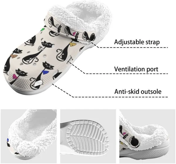 Footwearmerch Cute Black Cat Crocs Crocband Fleece Lined Clogs Shoes Comfortable For Men Women and Kids In Winter