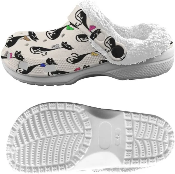 Footwearmerch Cute Black Cat Crocs Crocband Fleece Lined Clogs Shoes Comfortable For Men Women and Kids In Winter