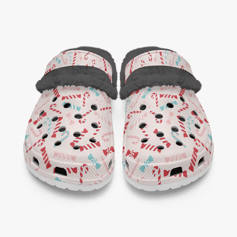 Footwearmerch Cute Candy Cane Christmas Crocs Crocband Fleece Lined Clogs Shoes Comfortable For Men Women and Kids In Winter