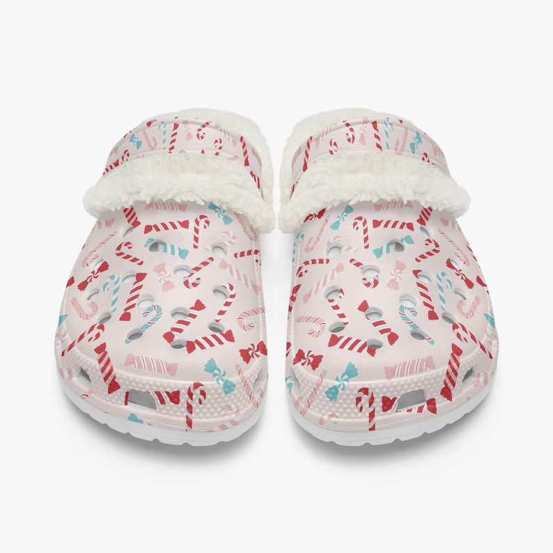 Footwearmerch Cute Candy Cane Christmas Crocs Crocband Fleece Lined Clogs Shoes Comfortable For Men Women and Kids In Winter