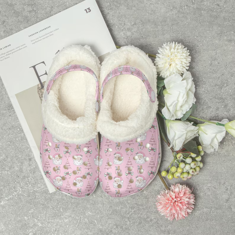 Footwearmerch Cute Santa Claus Christmas Crocs Crocband Fleece Lined Clogs Shoes Comfortable For Men Women and Kids In Winter