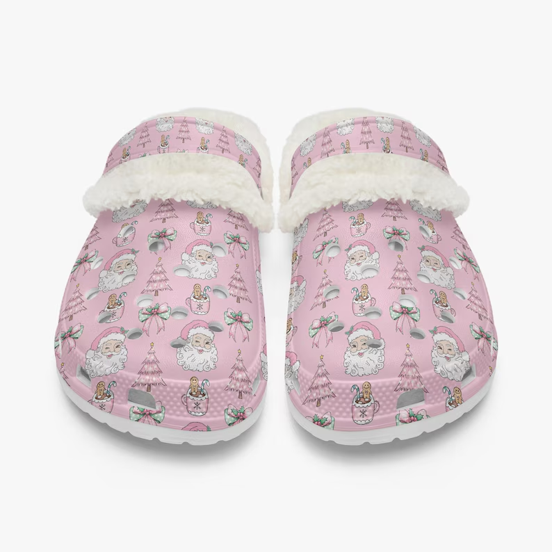 Footwearmerch Cute Santa Claus Christmas Crocs Crocband Fleece Lined Clogs Shoes Comfortable For Men Women and Kids In Winter