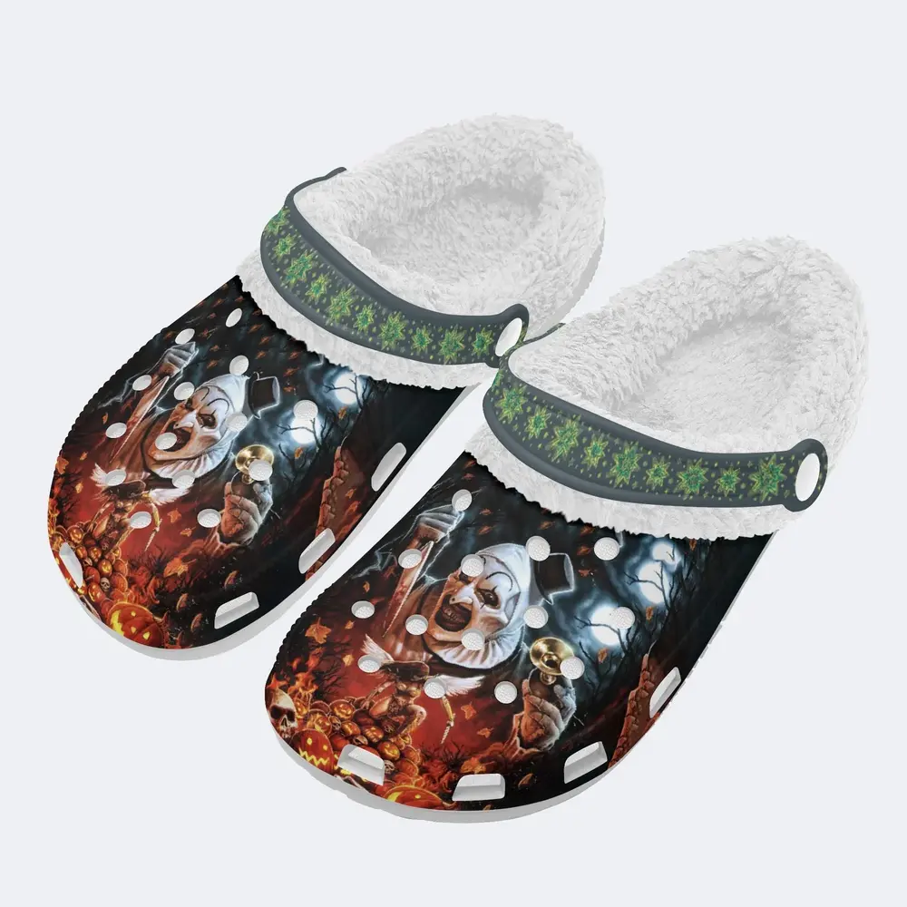 Footwearmerch Horror Stunning Terrifier Movie Crocs Crocband Fleece Lined Clogs Shoes Comfortable For Men Women and Kids In Winter