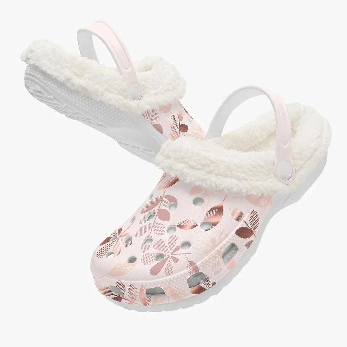 Footwearmerch Light Pink Floral Crocs Crocband Fleece Lined Clogs Shoes Comfortable For Men Women and Kids In Winter