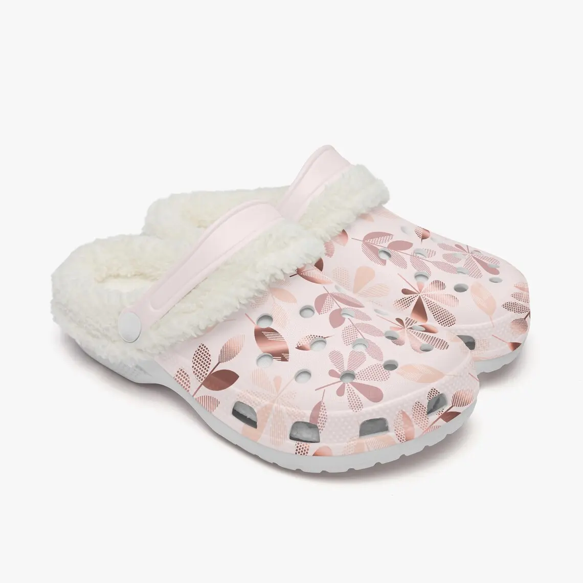 Footwearmerch Light Pink Floral Crocs Crocband Fleece Lined Clogs Shoes Comfortable For Men Women and Kids In Winter