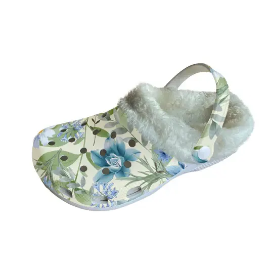 Footwearmerch Pretty Blue Floral Crocs Crocband Fleece Lined Clogs Shoes Comfortable For Men Women and Kids In Winter