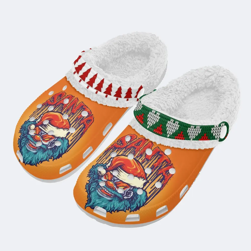 Footwearmerch Spooky Clown Wearing Santa Hat Christmas Crocs Crocband Fleece Lined Clogs Shoes Comfortable For Men Women and Kids In Winter