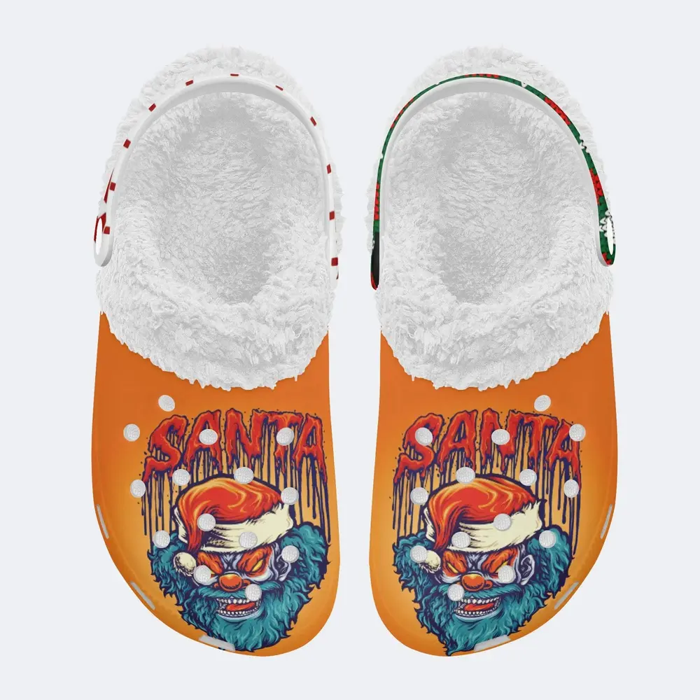 Footwearmerch Spooky Clown Wearing Santa Hat Christmas Crocs Crocband Fleece Lined Clogs Shoes Comfortable For Men Women and Kids In Winter
