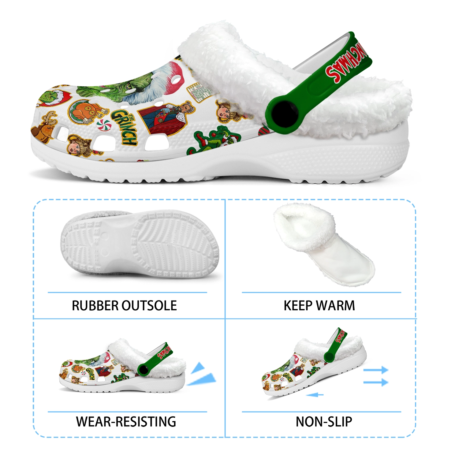 Footwearmerch The Grinch x Christmas Crocs Crocband Fleece Lined Clogs Shoes Comfortable For Men Women and Kids In Winter