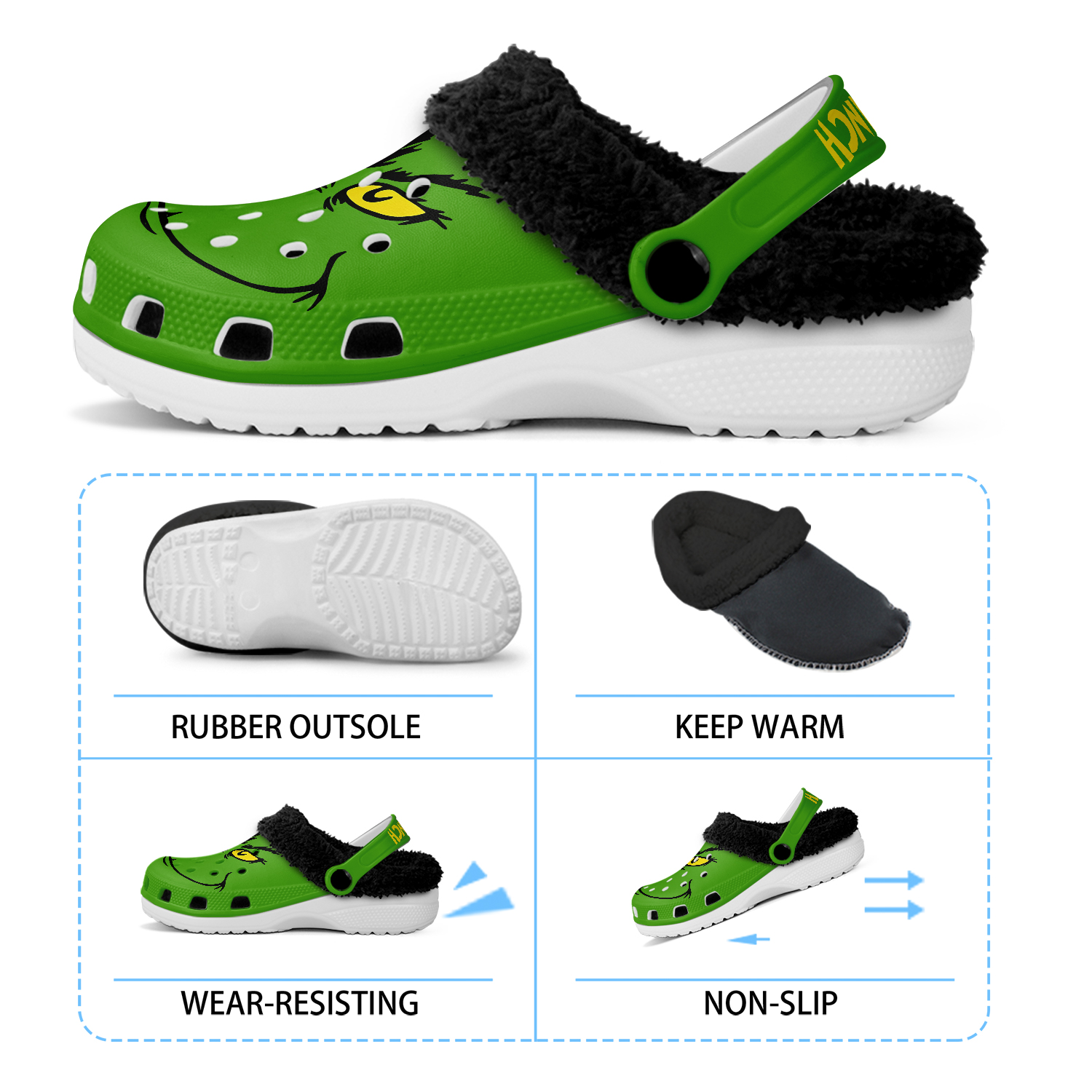 Footwearmerch The Grinch x Christmas Crocs Crocband Fleece Lined Clogs Shoes Comfortable For Men Women and Kids In Winter