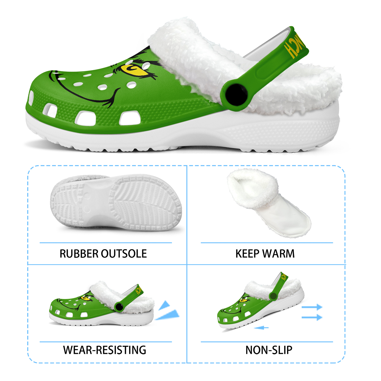 Footwearmerch The Grinch x Christmas Crocs Crocband Fleece Lined Clogs Shoes Comfortable For Men Women and Kids In Winter