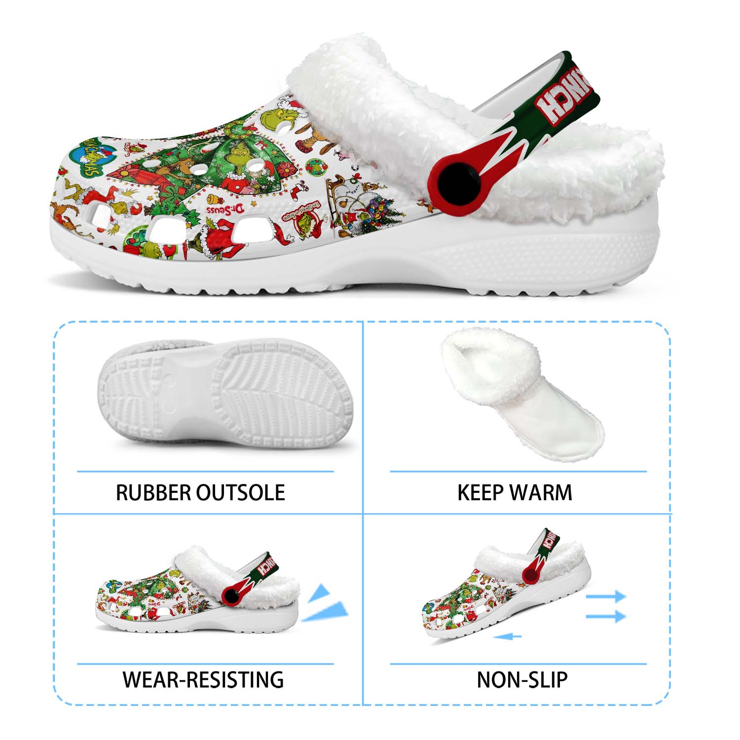 Footwearmerch The Grinch x Christmas Crocs Crocband Fleece Lined Clogs Shoes Comfortable For Men Women and Kids In Winter