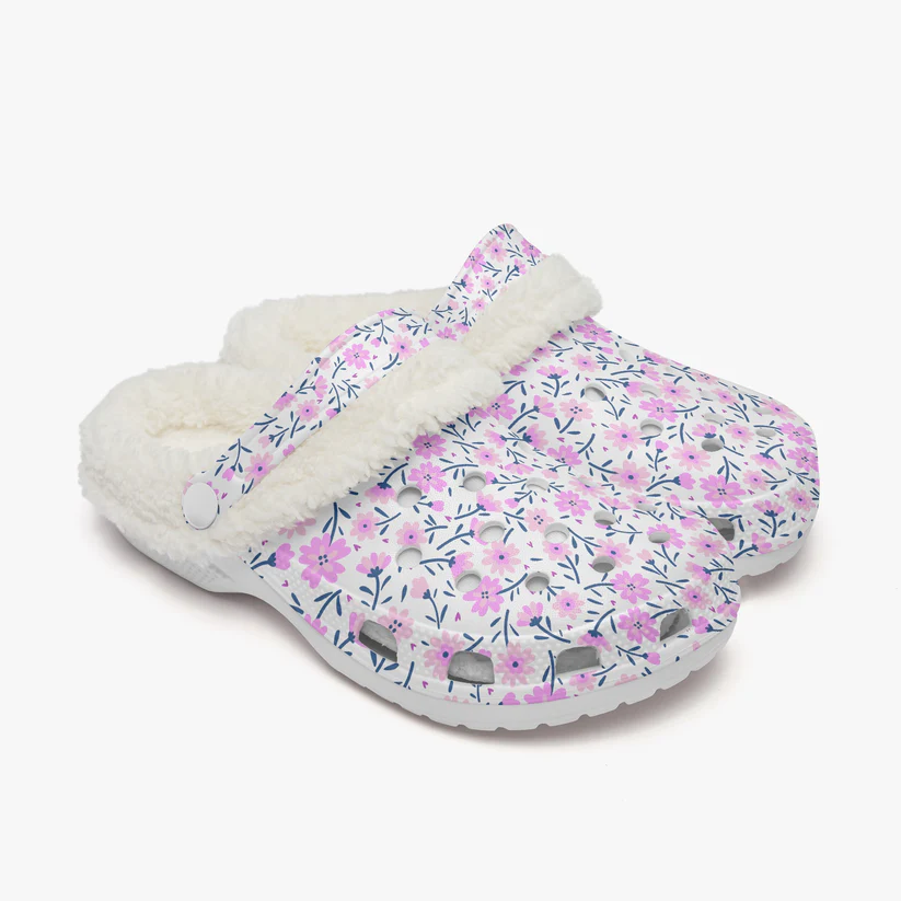 Footwearmerch Tiny Pink Flower Crocs Crocband Fleece Lined Clogs Shoes Comfortable For Men Women and Kids In Winter