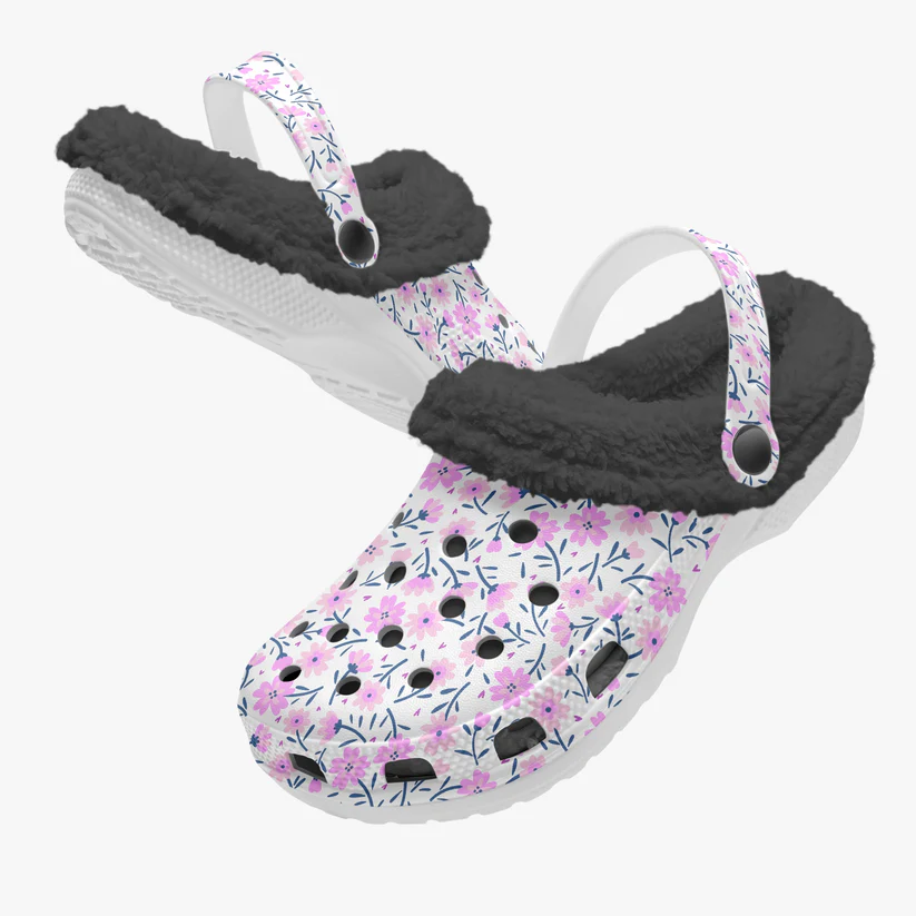 Footwearmerch Tiny Pink Flower Crocs Crocband Fleece Lined Clogs Shoes Comfortable For Men Women and Kids In Winter