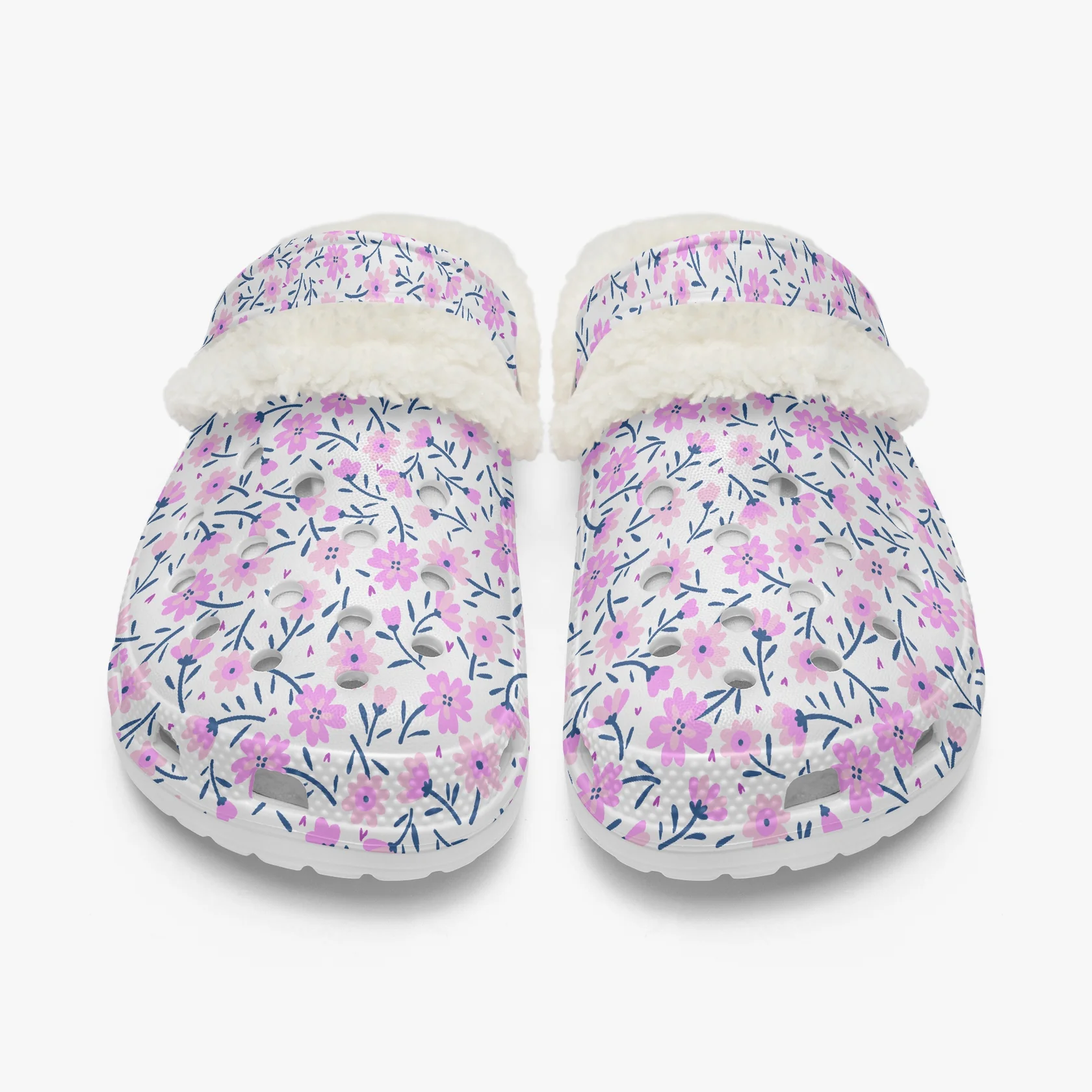 Footwearmerch Tiny Pink Flower Crocs Crocband Fleece Lined Clogs Shoes Comfortable For Men Women and Kids In Winter