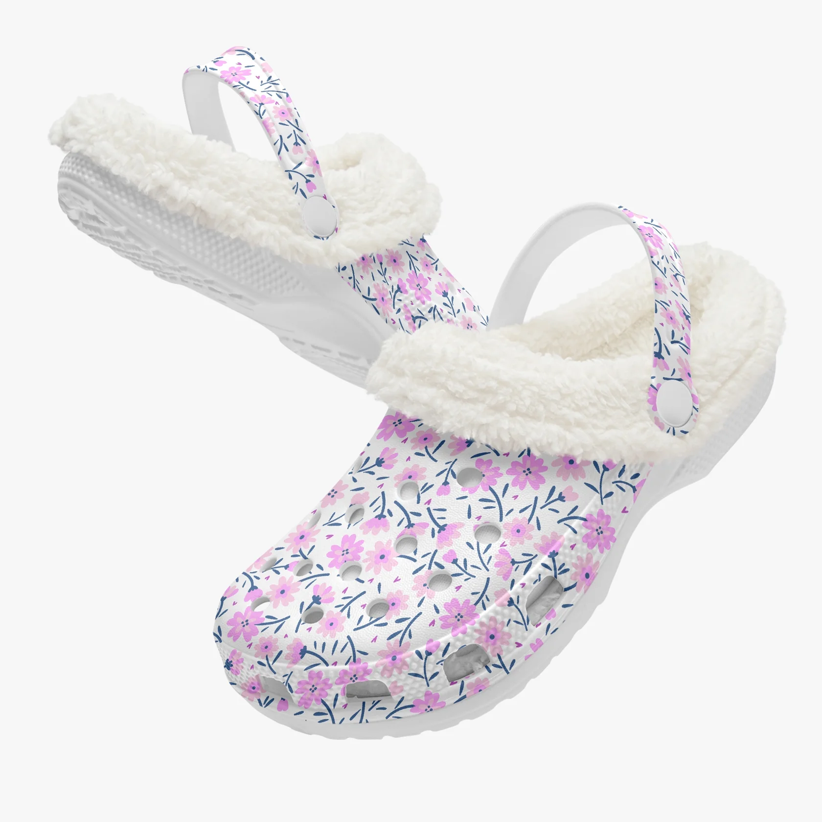 Footwearmerch Tiny Pink Flower Crocs Crocband Fleece Lined Clogs Shoes Comfortable For Men Women and Kids In Winter