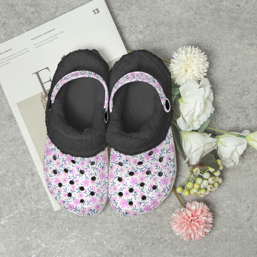 Footwearmerch Tiny Pink Flower Crocs Crocband Fleece Lined Clogs Shoes Comfortable For Men Women and Kids In Winter