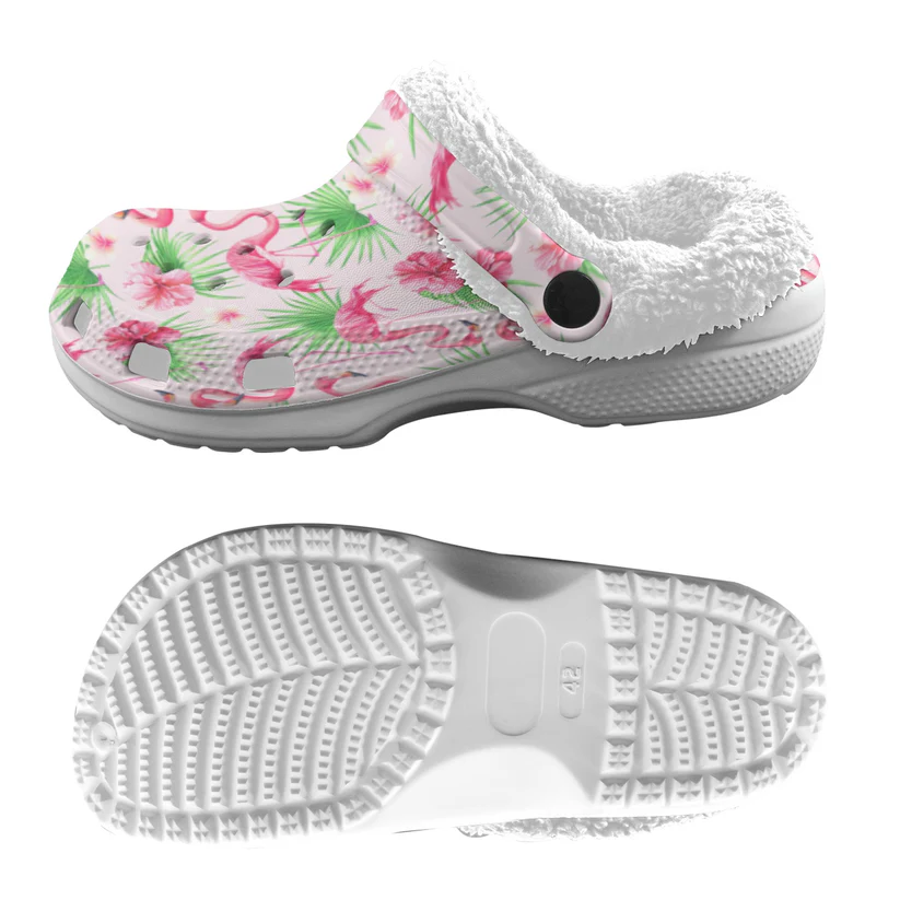 Footwearmerch Tropical Flamingo Crocs Crocband Fleece Lined Clogs Shoes Comfortable For Men Women and Kids In Winter