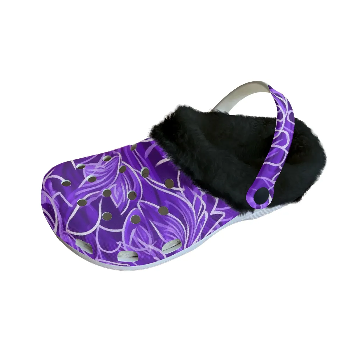Footwearmerch Violet Floral Crocs Crocband Fleece Lined Clogs Shoes Comfortable For Men Women and Kids In Winter