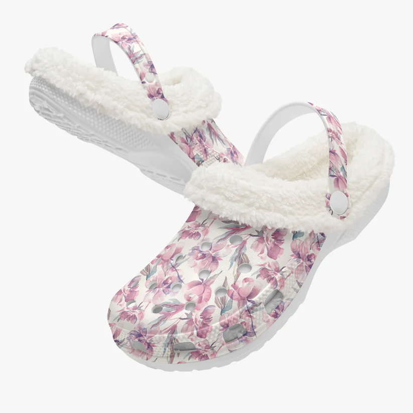 Footwearmerch Watercolor Floral Crocs Crocband Fleece Lined Clogs Shoes Comfortable For Men Women and Kids In Winter
