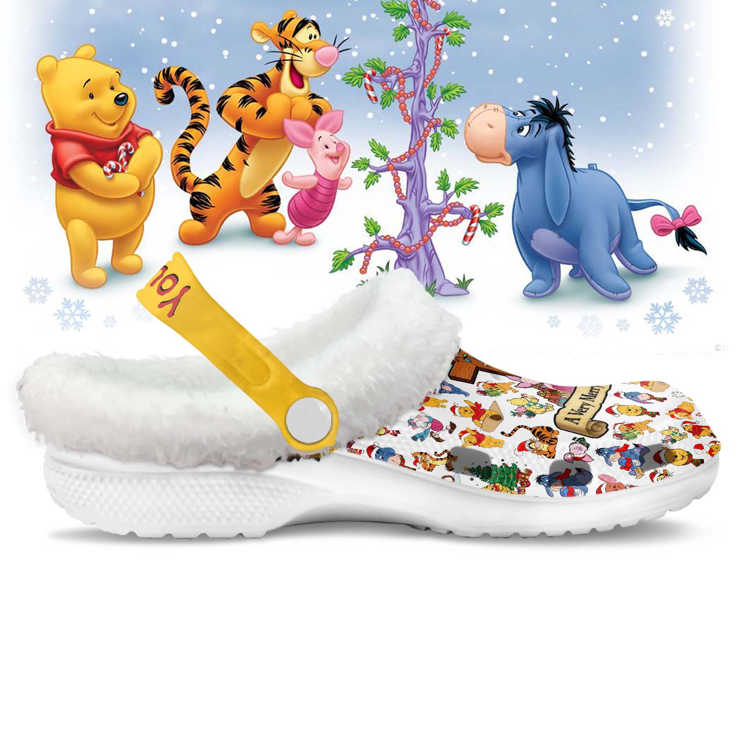 Footwearmerch Winnie the Pooh x Christmas Crocs Crocband Fleece Lined Clogs Shoes Comfortable For Men Women and Kids In Winter