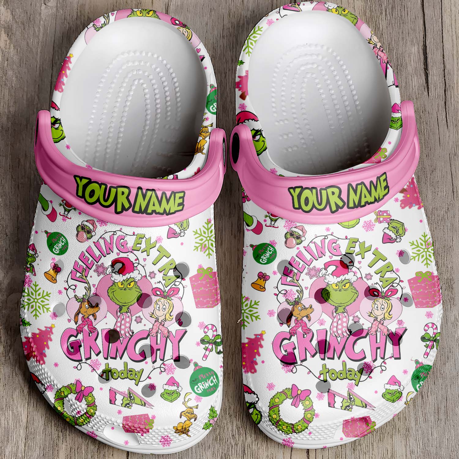 T1005 - Pink Grinch x Christmas - Crocs Custom name mockup 4 jpg