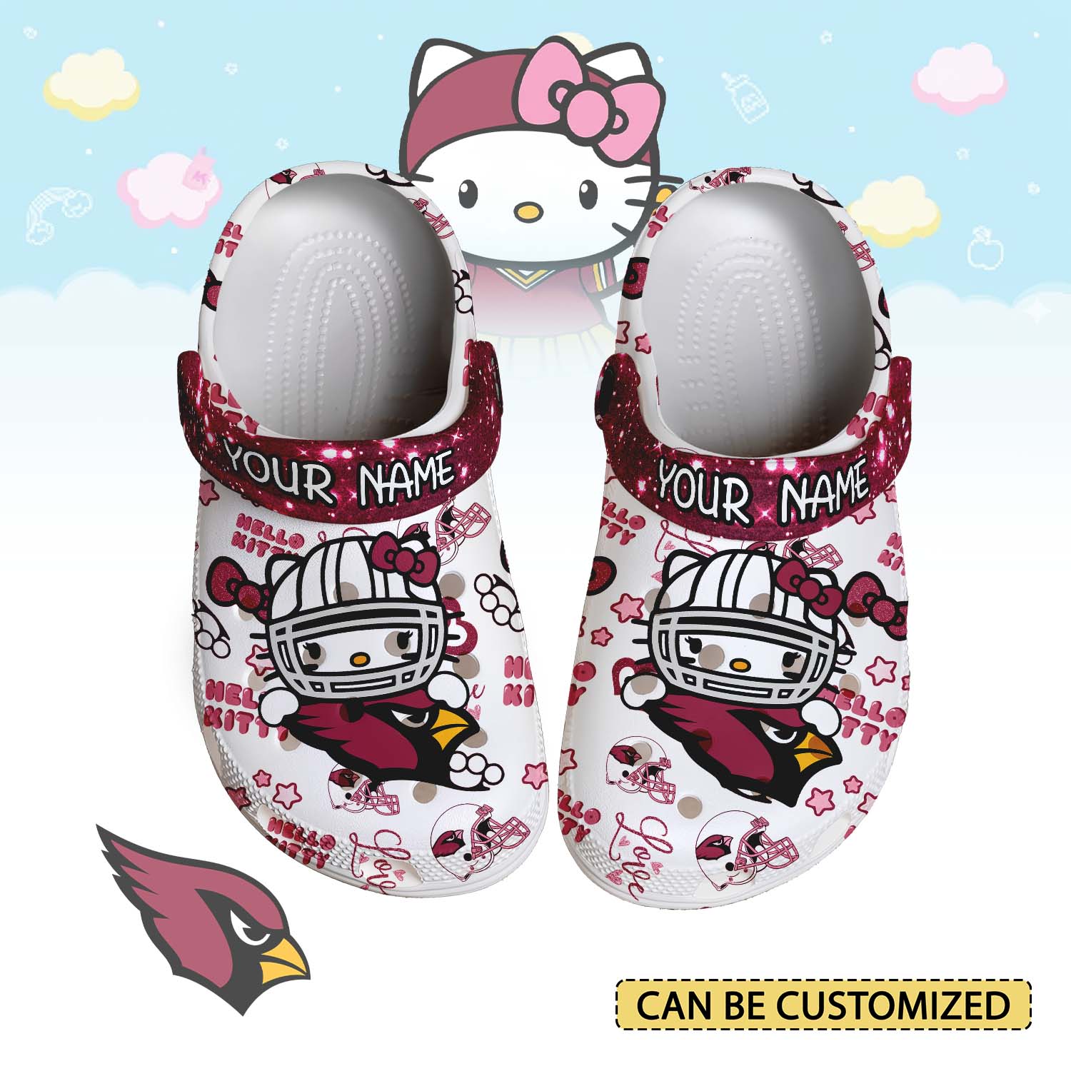 Footwearmerch Arizona Cardinals x Hello Kitty Crocs Crocband Clogs Shoes Comfortable For Men Women and Kids