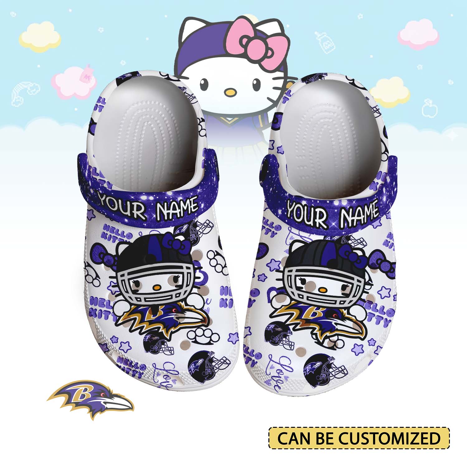 Footwearmerch Baltimore Ravens x Hello Kitty Crocs Crocband Clogs Shoes Comfortable For Men Women and Kids