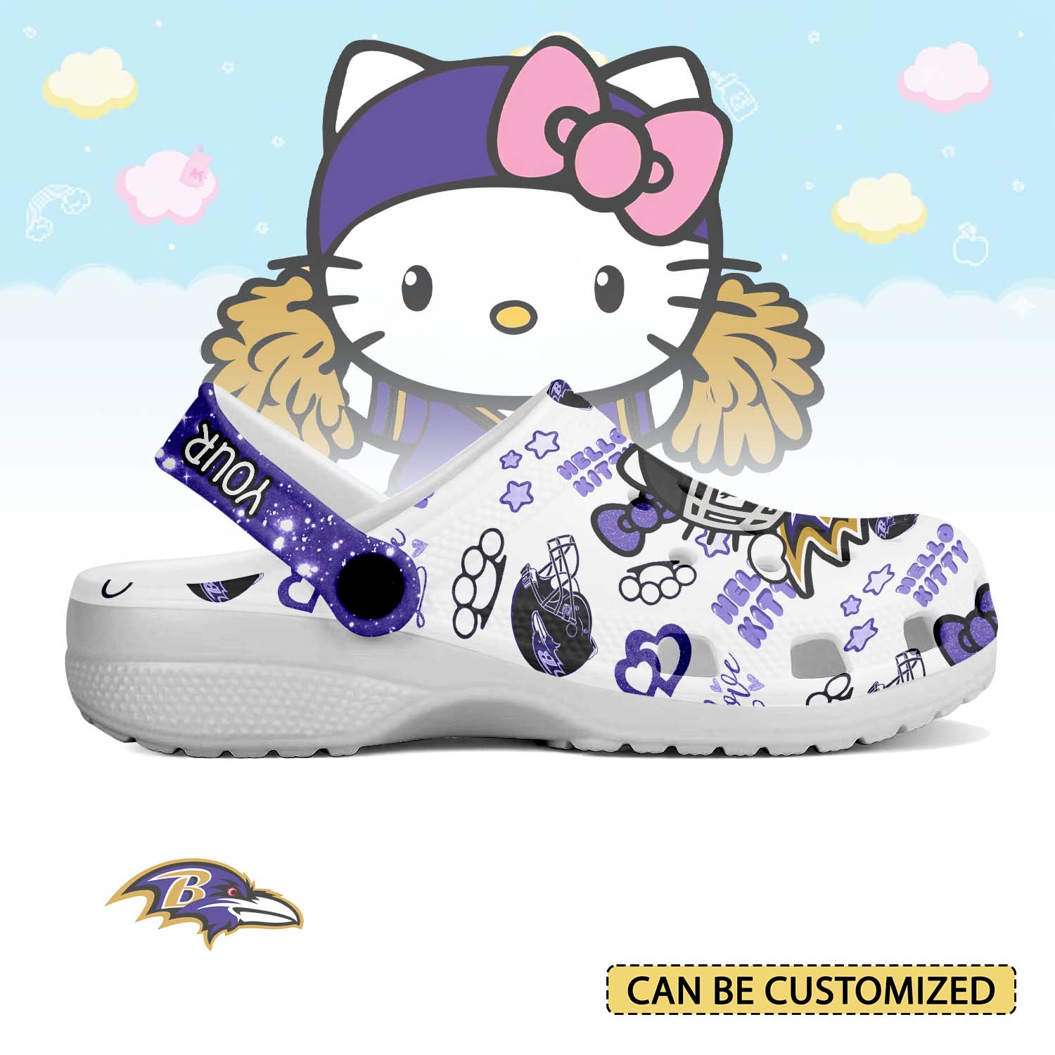 Footwearmerch Baltimore Ravens x Hello Kitty Crocs Crocband Clogs Shoes Comfortable For Men Women and Kids