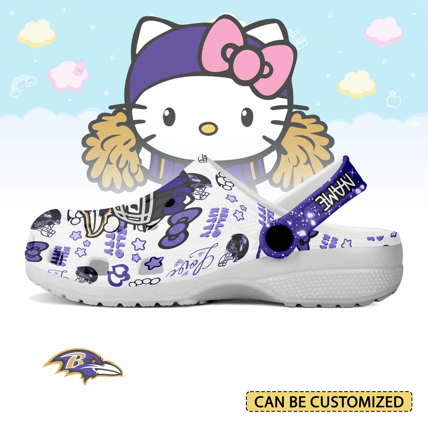 Footwearmerch Baltimore Ravens x Hello Kitty Crocs Crocband Clogs Shoes Comfortable For Men Women and Kids