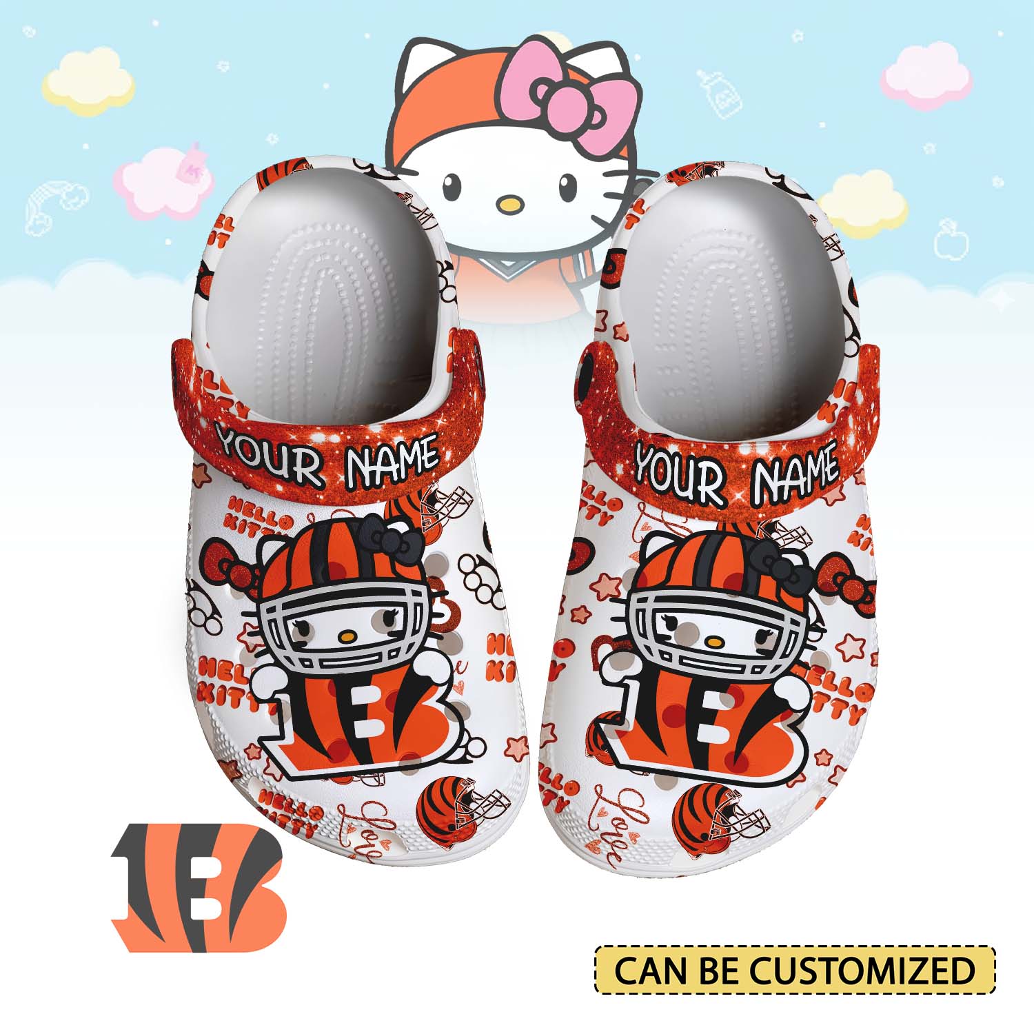 Footwearmerch Cincinnati Bengals x Hello Kitty Crocs Crocband Clogs Shoes Comfortable For Men Women and Kids
