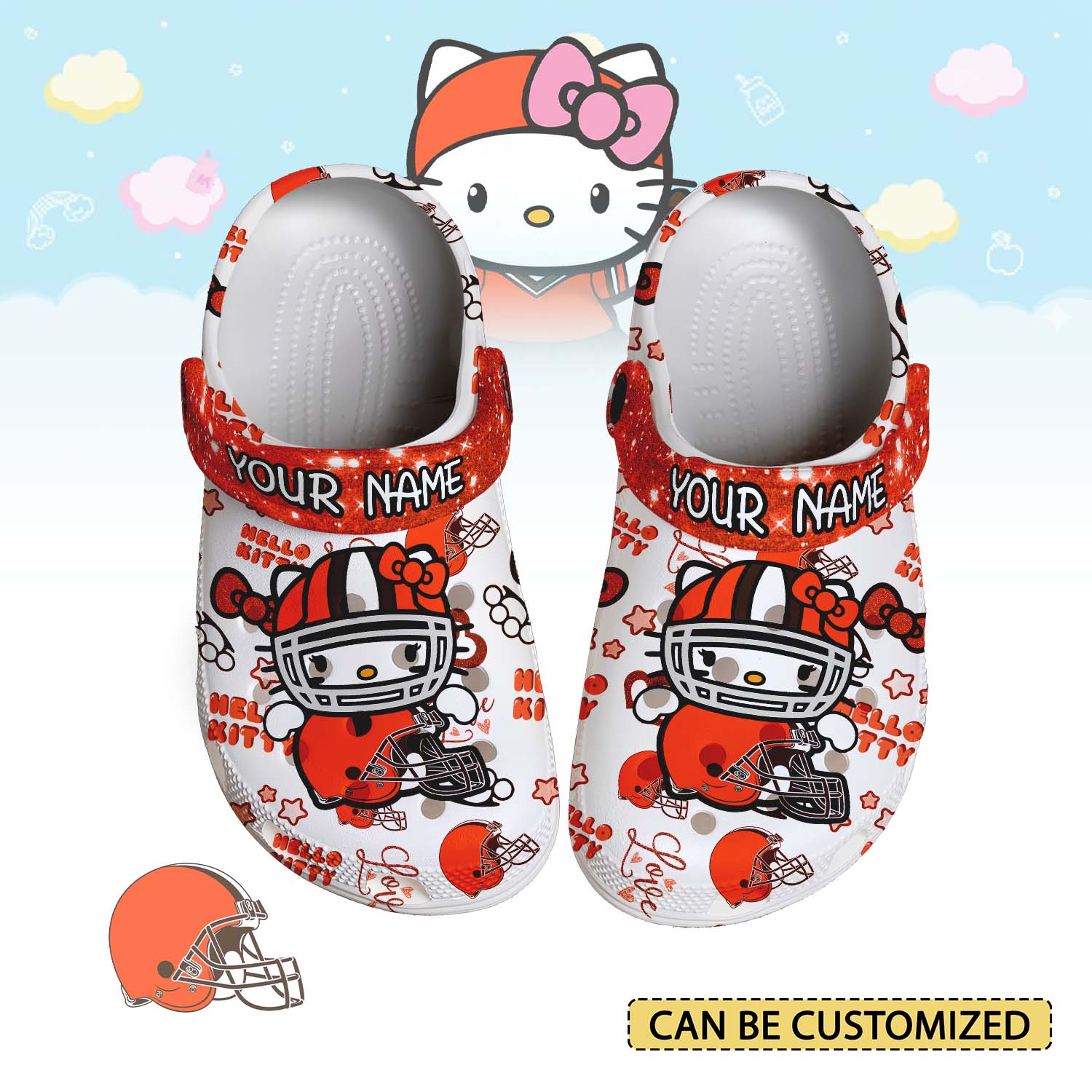 Footwearmerch Cleveland Browns x Hello Kitty Crocs Crocband Clogs Shoes Comfortable For Men Women and Kids