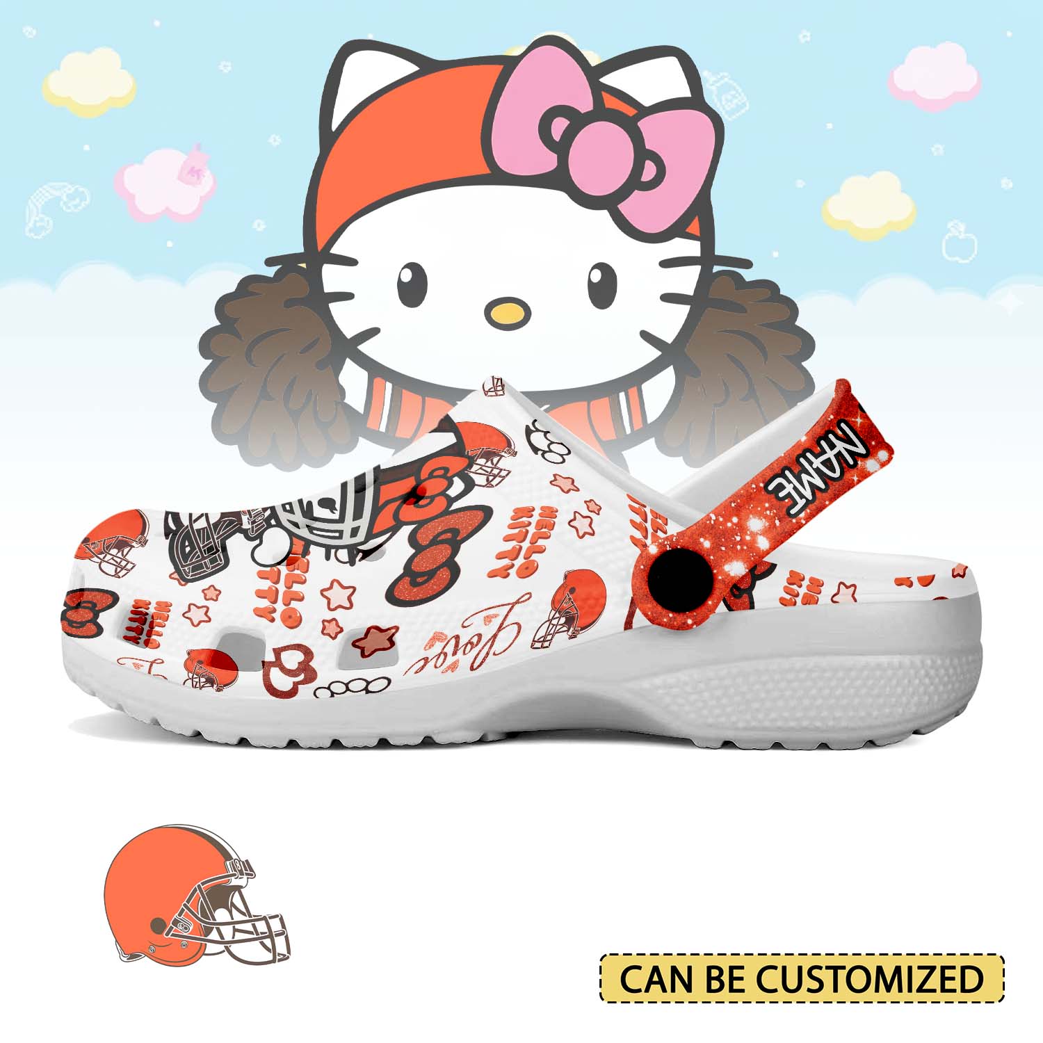 Footwearmerch Cleveland Browns x Hello Kitty Crocs Crocband Clogs Shoes Comfortable For Men Women and Kids