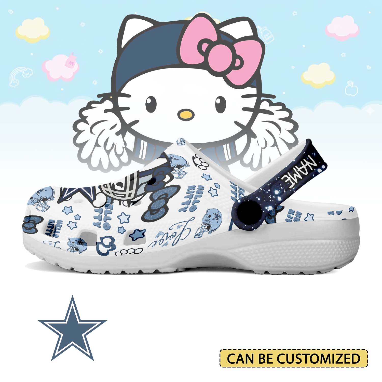 Footwearmerch Dallas Cowboys x Hello Kitty Crocs Crocband Clogs Shoes Comfortable For Men Women and Kids